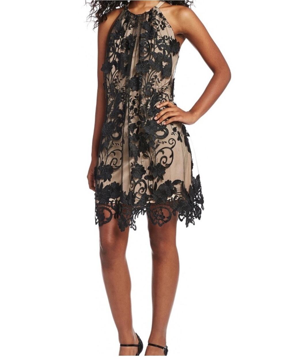 Belle Badgley Mischka Nia Lace Overlay Halter Mini Dress Women's 14 Black Fairy